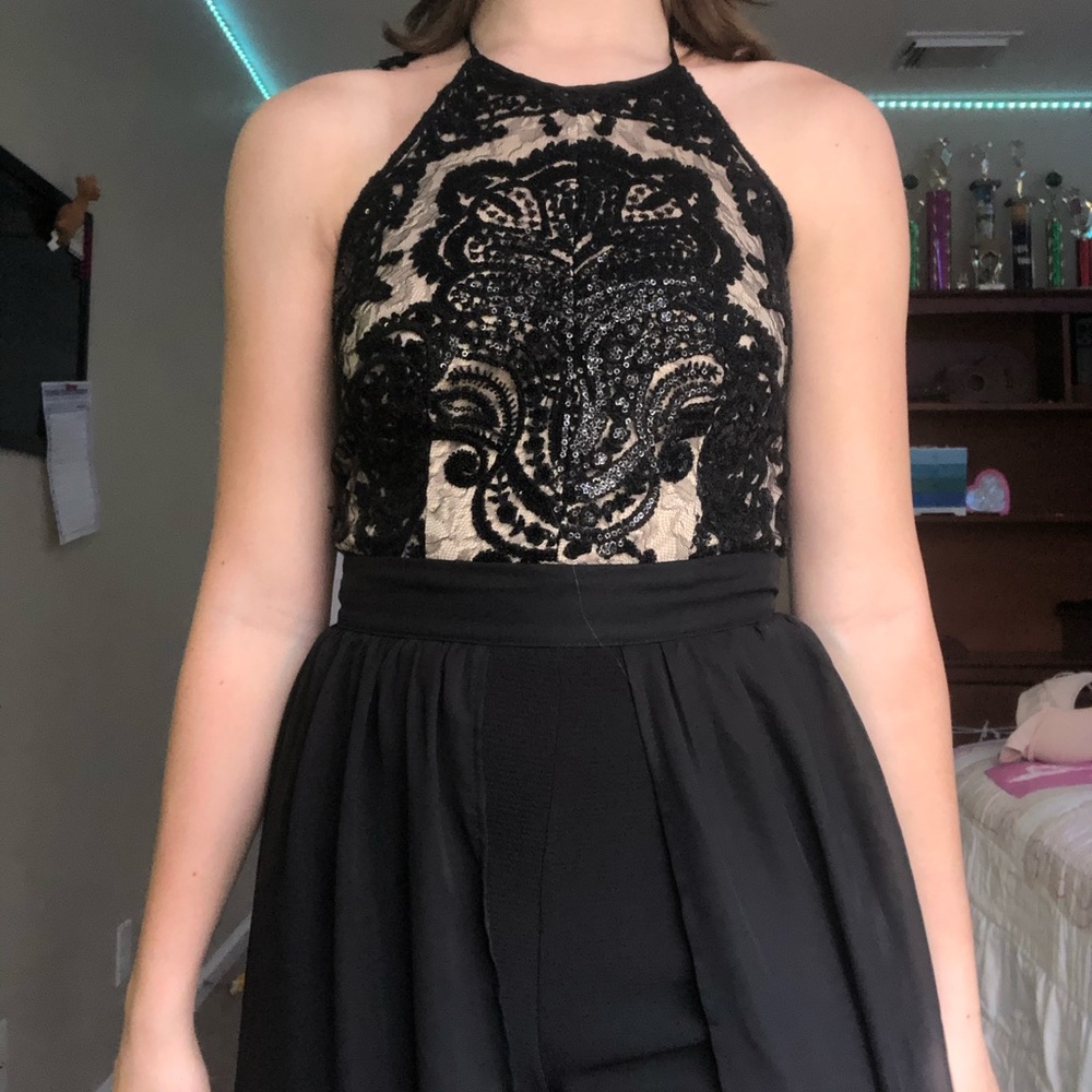 romper with mesh overlay skirt